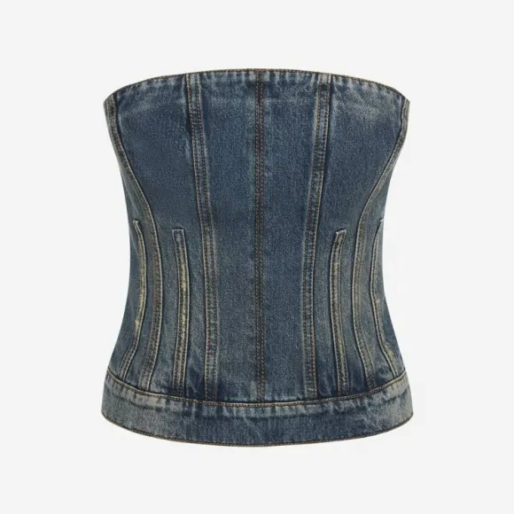 亚历山大麦昆/Alexander McQueen 女式水洗蓝色紧身胸衣牛仔上衣 732924QMACC4251 