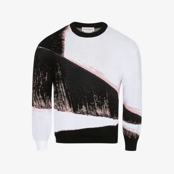 亚历山大麦昆/Alexander McQueen 男士黑色/粉色/象牙色 Brushstroke 提花毛衣 736660Q1XHL1052 