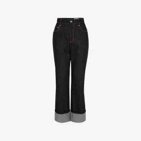 亚历山大麦昆/Alexander McQueen 女式深海军蓝高腰翻边牛仔裤 745919QMACD4158 