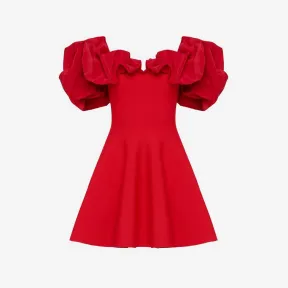 亚历山大麦昆/Alexander McQueen 女式红色/黑色混合荷叶边迷你连衣裙 758561Q1A6S6093 