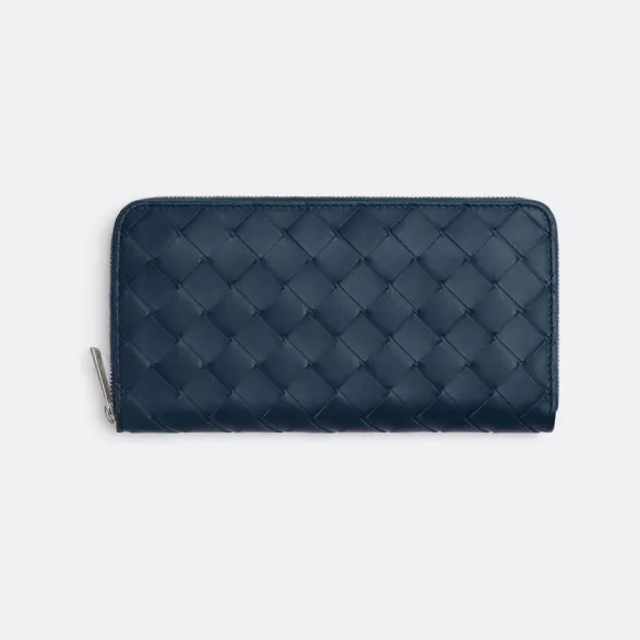 葆蝶家/Bottega Veneta 深蓝色 牛皮革 男士 环绕式拉链钱包 593217VCPQ43121