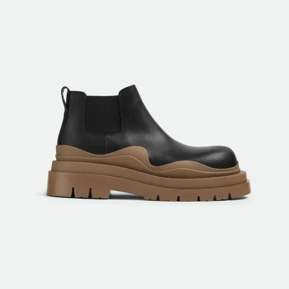 葆蝶家/Bottega Veneta 黑色 / 黄麻色 牛皮革 男士 tire chelsea踝靴 630281VBS501449
