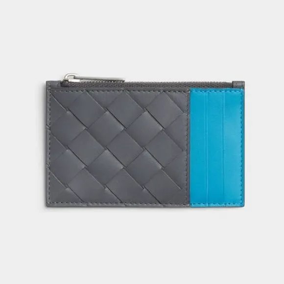 葆蝶家/Bottega Veneta 闪电灰 / 泳池蓝 牛皮革 男士 拉链卡包 679802VCPQA1254