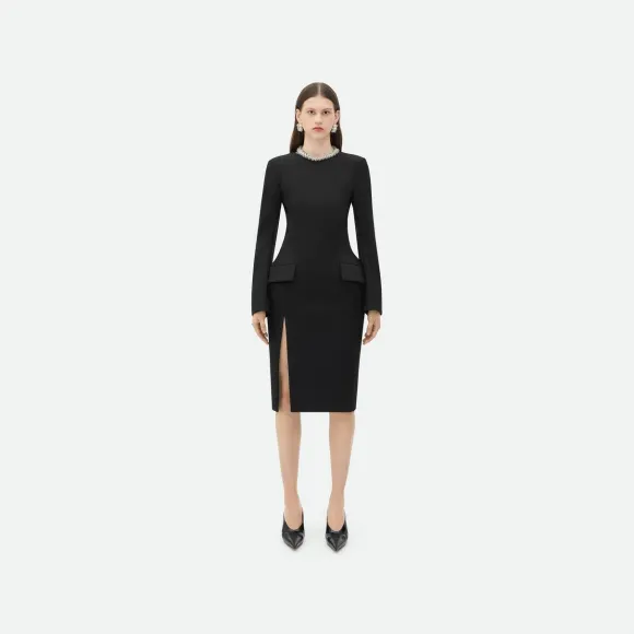 葆蝶家/Bottega Veneta 弧形衣袖轻盈羊毛中长连衣裙 738362V1HK01000