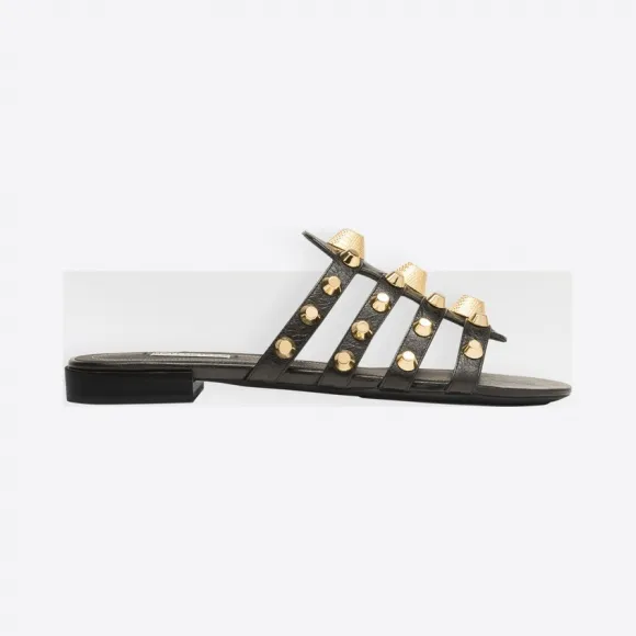 巴黎世家/Balenciaga Giant Gold穆勒鞋 - 黑色 | 女士Arena Leather Shoes 477136-WAD40-1000