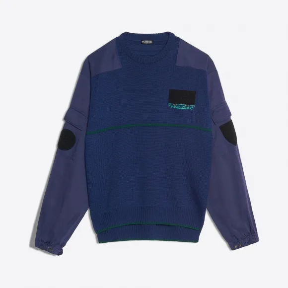 巴黎世家/Balenciaga ‎男士‎ ‎海军蓝色 ‎ ‎Balenciaga拼接装饰圆领套头衫 ‎ | Balenciaga 534454-T1490-4013