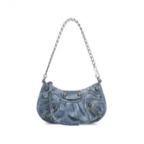 巴黎世家/Balenciaga Women's Le Cagole Mini Bag With Chain Bb Monogram Bleached Denim in Blue 695814210E34716