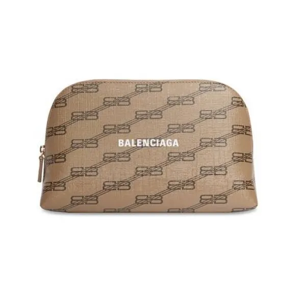 巴黎世家/Balenciaga Women's Signature Toiletry Pouch Bb Monogram Coated Canvas in Beige 702624210DA2762