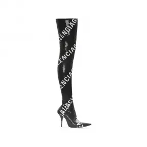 巴黎世家/Balenciaga Knife 黑色和白色满印Logo 氨纶刺绣 110mm Over-The-Knee 靴子 705473W2D311090