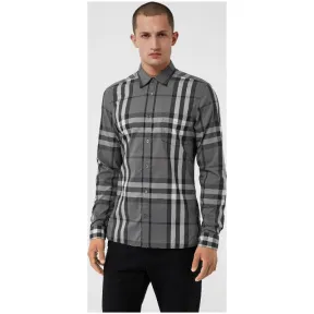 博百利/Burberry 男士 格纹弹力棉衬衫 (炭灰色) - 男士  39835371