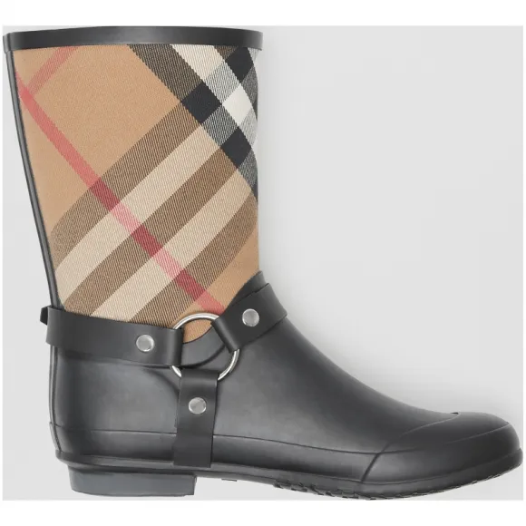 博百利/Burberry 女士 扣带装饰格纹雨靴 (House格纹/黑色) 40374351