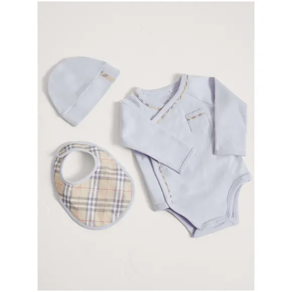 博百利/Burberry 儿童用品 格纹棉质三件套婴儿礼品套装 (冰蓝色) - 童装  40605971