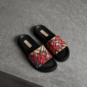 博百利/Burberry 女士 涂鸦印花 Vintage 格纹拼皮革拖鞋 (古典黄色) 40718891