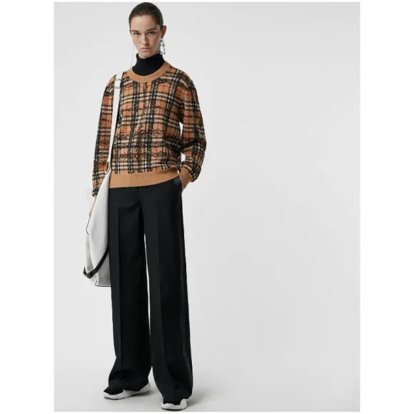 博百利/Burberry 女士 涂鸦格纹美利奴羊毛衫 (驼色 / 黑色) 40735311