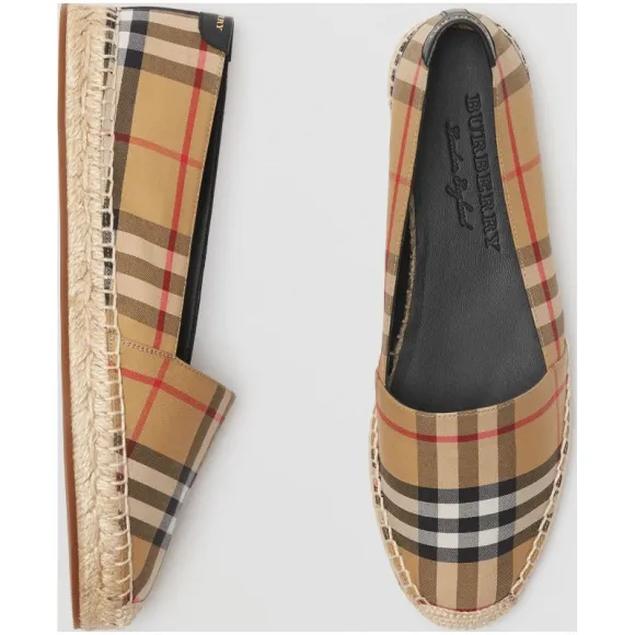 博百利/Burberry 女士 Vintage 格纹拼皮革麻编鞋 (古典黄色) 40737021