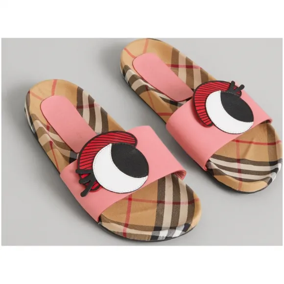 博百利/Burberry  眼睛嵌花 Vintage 格纹拼皮革拖鞋 (杜鹃粉红)  40760171