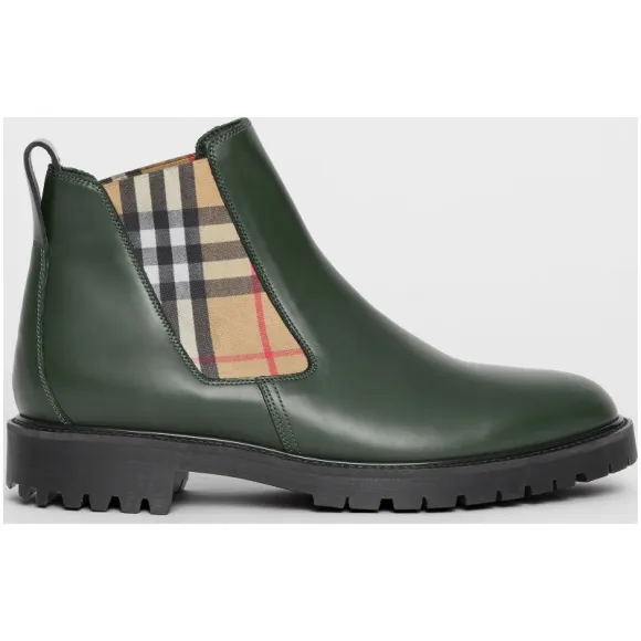 博百利/Burberry 男士 Vintage 格纹装饰皮革切尔西靴 (深绿色) - 男士  40786651