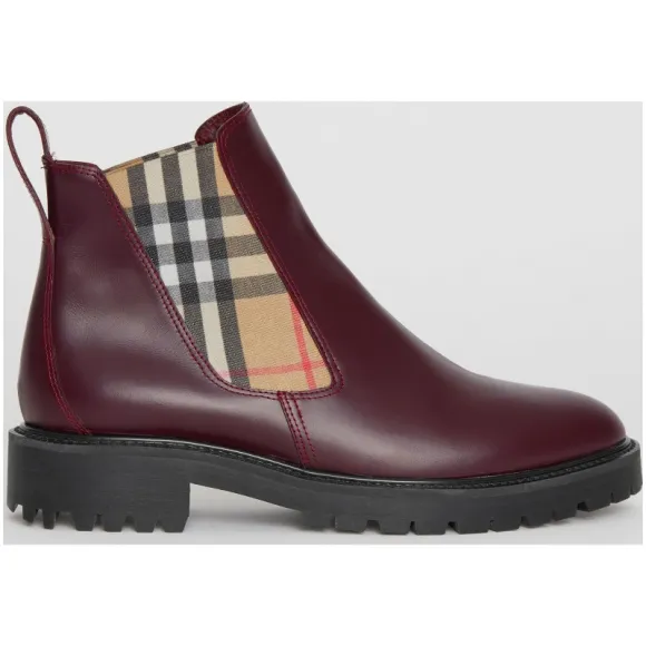 博百利/Burberry 女士 Vintage 格纹装饰皮革切尔西靴 (大不列颠红) 40786681