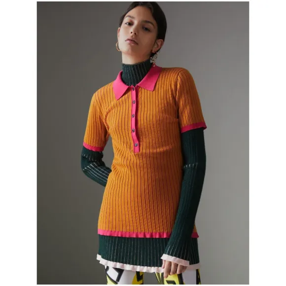 博百利/Burberry 女士 双色丝绒混纺 Polo 衫 (赭石黄) 80014831