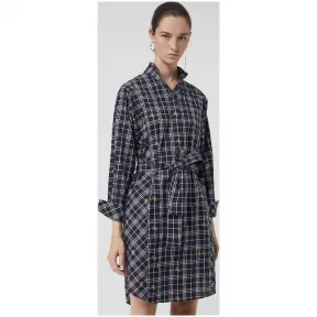 博百利/Burberry 女士 马术骑士图案格纹系腰衬衫式连衣裙 (海军蓝) 80040191