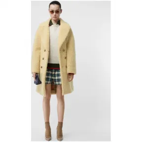 博百利/Burberry 女士 人造毛羊皮双排扣宽松大衣 (甘菊色) 80046231