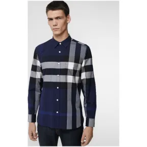 博百利/Burberry 男士 格纹弹力棉衬衫 (靛蓝) - 男士  80048281