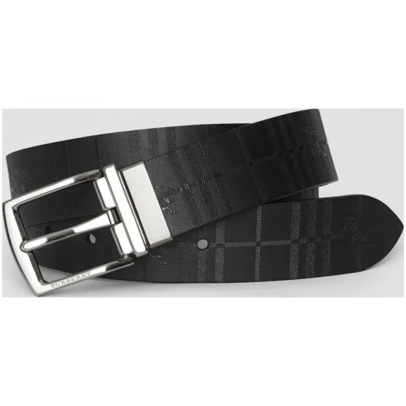 博百利/Burberry 男士 双面两用格纹马术骑士图案皮革腰带 (巧克力色 / 黑色) - 男士  80060881