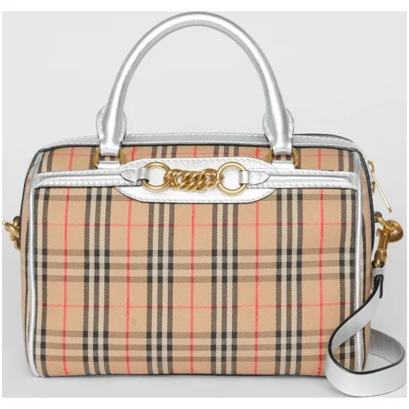 博百利/Burberry 女士 The Link - 小号 1983 格纹链环保龄球包 (银色) 80064431