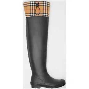 博百利/Burberry 女士 Vintage 格纹拼橡胶及膝雨靴 (黑色) 80070351