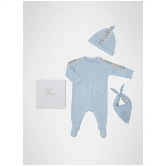 博百利/Burberry 儿童用品 格纹棉质三件套婴儿礼品套装 (浅碳蓝色) - 童装  80079201