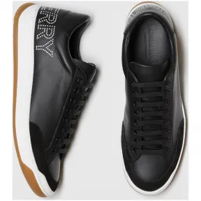 博百利/Burberry 男士 冲孔徽标皮革网球鞋 (黑色 / 光白色) - 男士  80086201