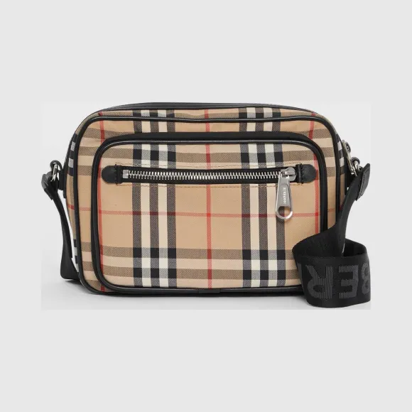 博百利/Burberry 男士 Vintage 格纹拼皮革斜背包 (典藏米色) 80101521