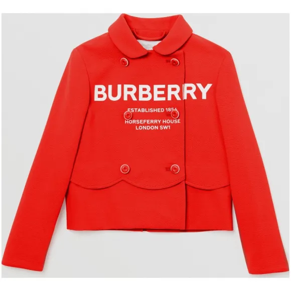 博百利/Burberry 儿童用品 徽标印花绉丝平织双排扣外套 (亮红色)  80111721