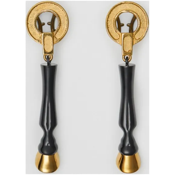 博百利/Burberry 女士 树脂拼镀金蹄型吊坠耳环 (黑色 / 浅金色) 80128561