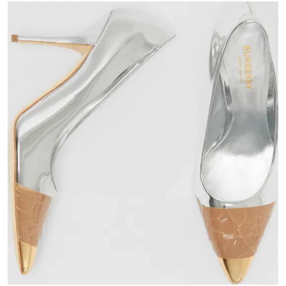 博百利/Burberry 女士 带饰反光皮革高跟鞋 (银色 / 金色) 80133681