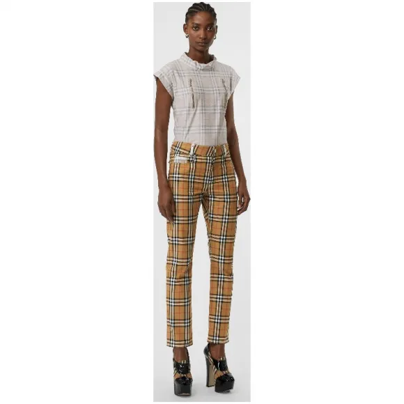 博百利/Burberry 女士 Vintage 格纹拉链装饰棉质长裤 (古典黄色) 80148191