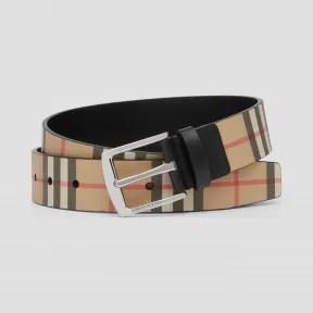 博百利/Burberry 男士 Vintage 格纹环保帆布拼皮革腰带 (典藏米色) 80156111