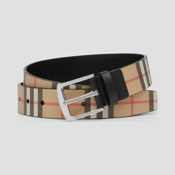 博百利/Burberry 男士 Vintage 格纹环保帆布拼皮革腰带 (典藏米色) 80156111