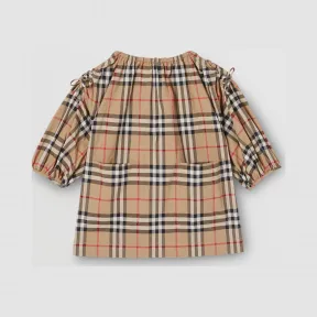 博百利/Burberry 童装 Vintage 格纹缩褶衣袖棉质连衣裙 (典藏米色) 80170461