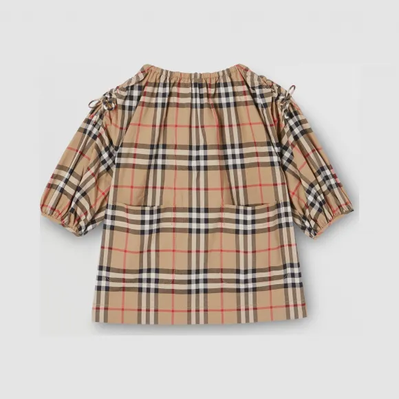 博百利/Burberry 童装 Vintage 格纹缩褶衣袖棉质连衣裙 (典藏米色) 80170461