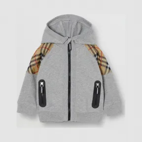 博百利/Burberry 童装 Vintage 格纹裁片棉质连帽上衣 (麻灰色) 80170751