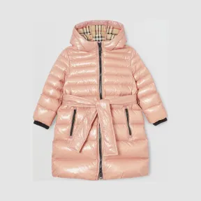 博百利/Burberry 童装 标志性条纹装饰连帽羽绒服 (熏衣草粉红)  80178211