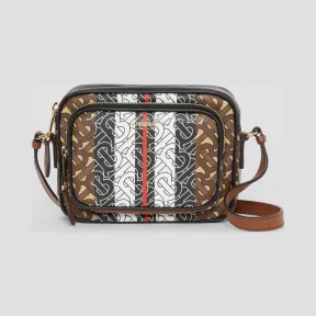 博百利/Burberry 男士 专属标识条纹环保帆布相机包 (马鞍棕)  80183621