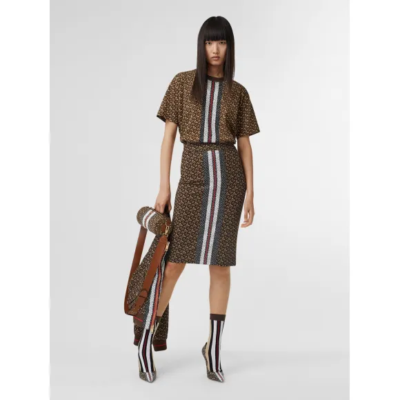 博百利/Burberry 女士 专属标识条纹印花弹力平织铅笔裙 (马鞍棕) 80187051