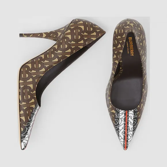 博百利/Burberry 女士 专属标识条纹环保帆布高跟鞋 (马鞍棕) 80187521