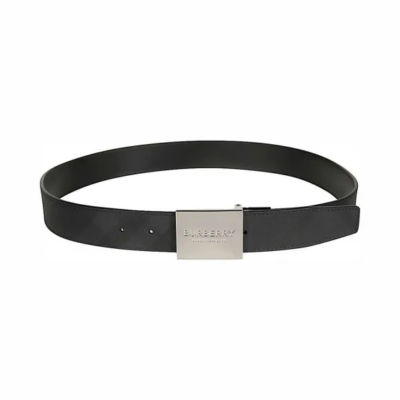 博百利/Burberry 男士 双面两用饰牌搭扣 London 格纹腰带 (深炭灰 / 黑色) 80198131