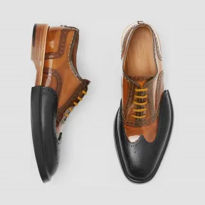 博百利/Burberry 男士 鞋头盖细节皮革拼塑质牛津布洛克鞋 (棕色 / 黑色) 80200341