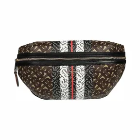 博百利/Burberry 男士 中号专属标识条纹环保帆布腰包 (棕色)  80214831