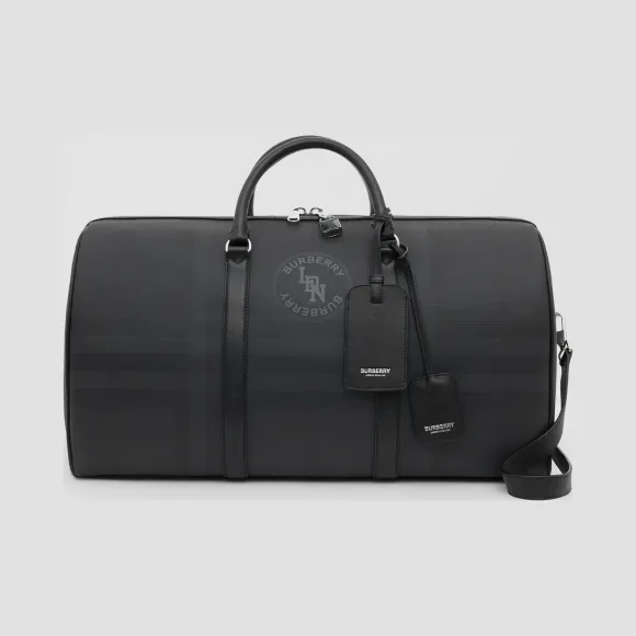 博百利/Burberry 徽标图案 London 格纹拼皮革手提袋 (深炭灰) - 男士  80225131