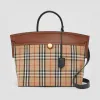 博百利/Burberry Society - 顶部提柄 Vintage 格纹拼皮革赛尔迪手袋 (典藏米色 / 棕褐色) - 女士  80230191
